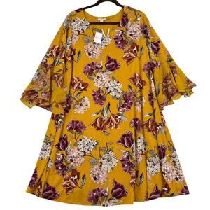 CATO C Est. 1946 Shift Dress Size 14/16W Gold Floral Boho Bell Sleeve Lined